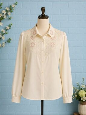 Elegant Cream Embroidered Button-Up Blouse